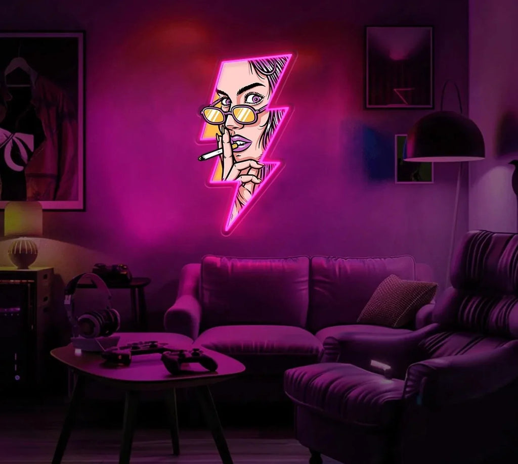 Women Face GTA Style In Lightning UV Neon Sign ⚡ – Bold, Electrifying Decor!
