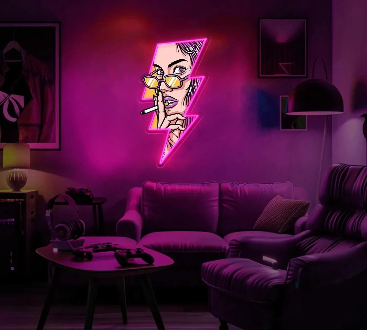 Women Face GTA Style In Lightning UV Neon Sign ⚡ – Bold, Electrifying Decor!