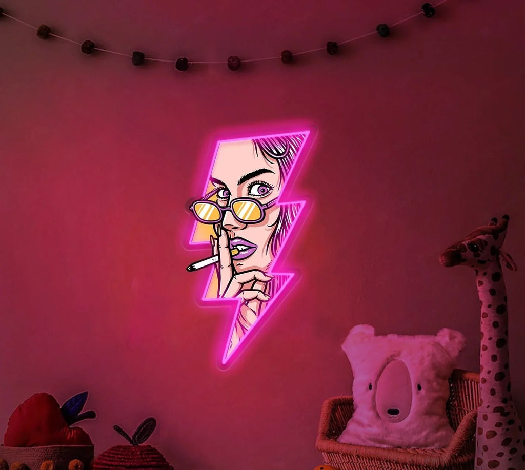 Women Face GTA Style In Lightning UV Neon Sign ⚡ – Bold, Electrifying Decor!